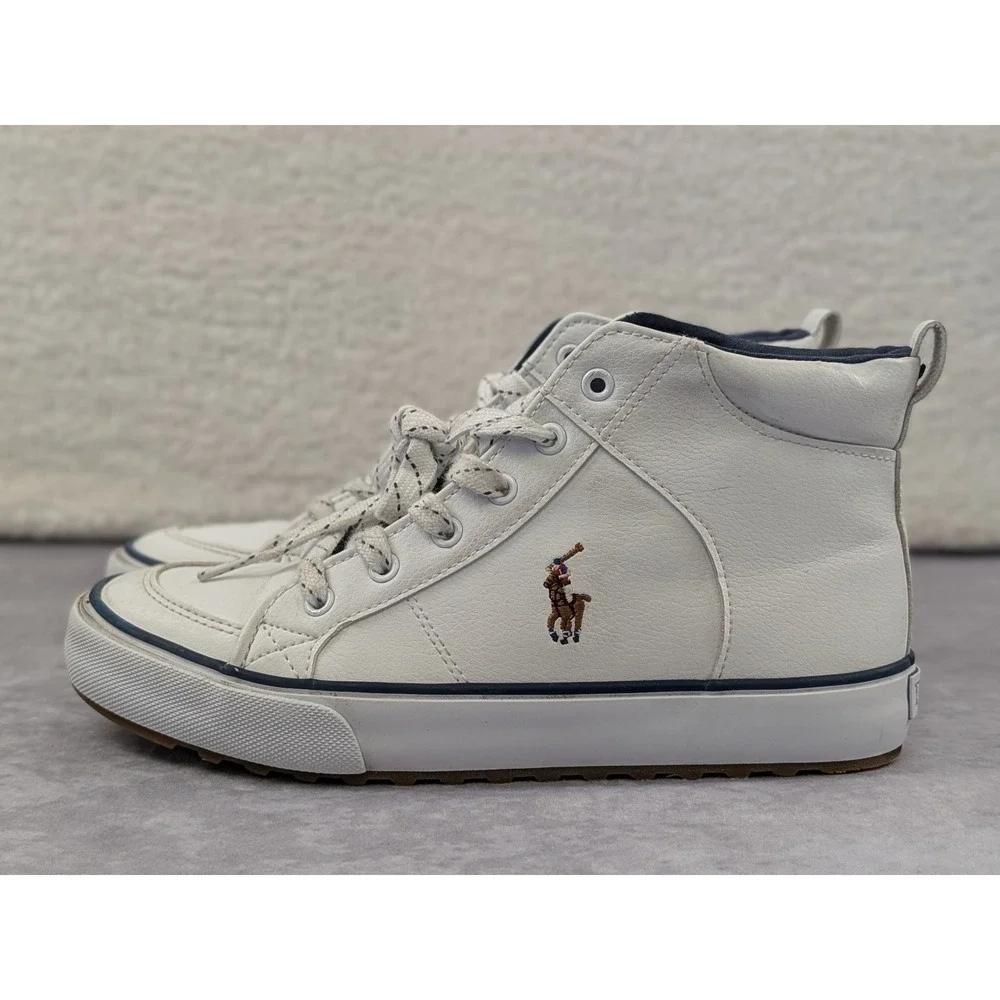 Polo Ralph Lauren Jaxson White High Top Sneakers Kids Size 5 RF104329 Blue Logo